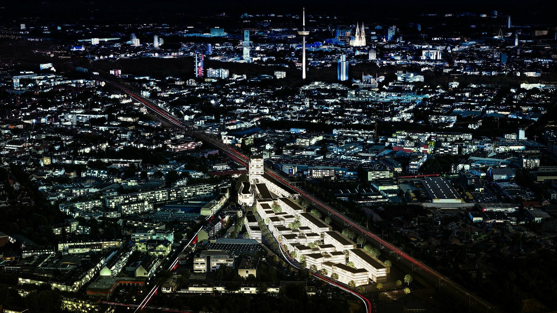 Fotomontage Nachtluftbild Ehrenveedel, Köln 